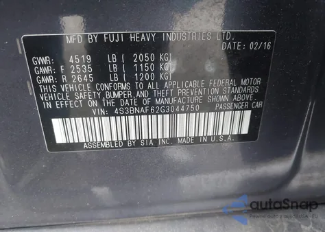 2016 Subaru Legacy 2.5I Premium from USA, damaged, VIN 4S3BNAF62G3044750